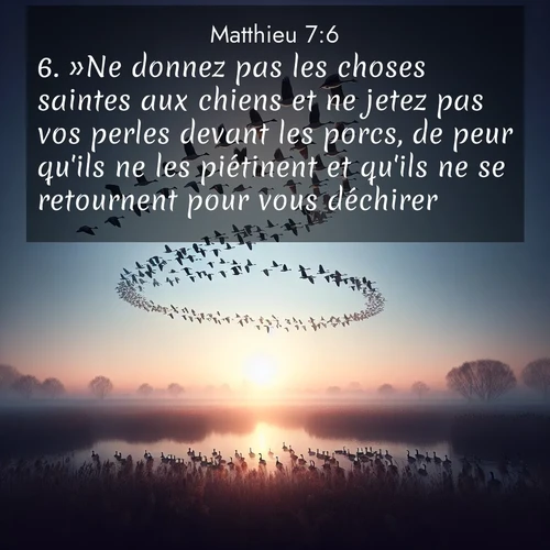 Segond21 Évangile selon Matthieu  ; image nature: image avec le verset biblique :»Ne donnez pas les choses saintes aux chiens et ne jetez pas vos perles devant les porcs, de peur qu&#039;ils ne les piétinent et qu&#039;ils ne se retournent pour vous déchirer. ;  ; 7:6