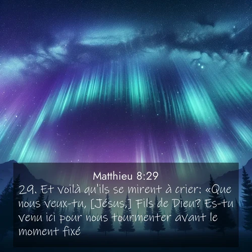 Segond21 Évangile selon Matthieu  ; image nature: image avec le verset biblique :Et voilà qu&#039;ils se mirent à crier: «Que nous veux-tu, [Jésus,] Fils de Dieu? Es-tu venu ici pour nous tourmenter avant le moment fixé?» ;  ; 8:29