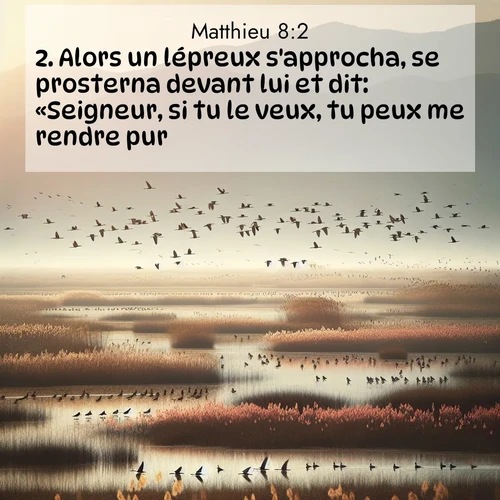 Segond21 Évangile selon Matthieu  ; image nature: image avec le verset biblique :Alors un lépreux s&#039;approcha, se prosterna devant lui et dit: «Seigneur, si tu le veux, tu peux me rendre pur.» ;  ; 8:2