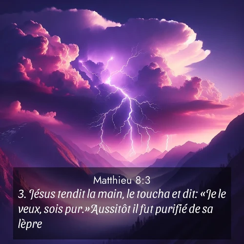 Segond21 Évangile selon Matthieu  ; image nature: image avec le verset biblique :Jésus tendit la main, le toucha et dit: «Je le veux, sois pur.»Aussitôt il fut purifié de sa lèpre. ;  ; 8:3
