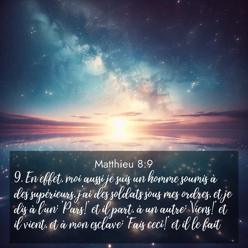 Segond21 Évangile selon Matthieu  ; image nature: image avec le verset biblique :En effet, moi aussi je suis un homme soumis à des supérieurs, j&#039;ai des soldats sous mes ordres, et je dis à l&#039;un: &#039;Pars!&#039; et il part, à un autre: &#039;Viens!&#039; et il vient, et à mon esclave: &#039;Fais ceci!&#039; et il le fait.» ;  ; 8:9