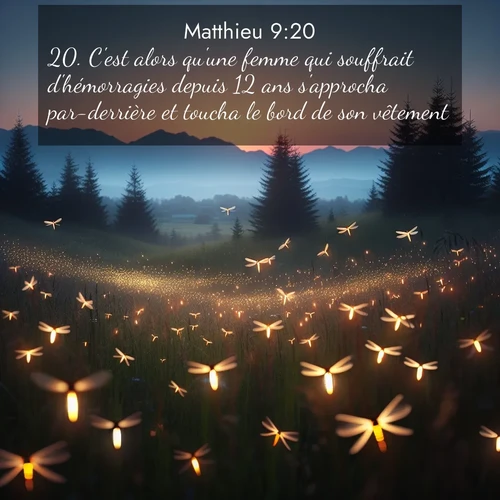 Segond21 Évangile selon Matthieu  ; image nature: image avec le verset biblique :C&#039;est alors qu&#039;une femme qui souffrait d&#039;hémorragies depuis 12 ans s&#039;approcha par-derrière et toucha le bord de son vêtement, ;  ; 9:20