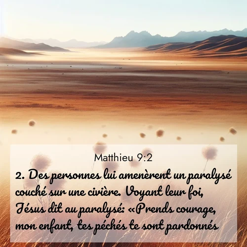 Segond21 Évangile selon Matthieu  ; image nature: image avec le verset biblique :Des personnes lui amenèrent un paralysé couché sur une civière. Voyant leur foi, Jésus dit au paralysé: «Prends courage, mon enfant, tes péchés te sont pardonnés.» ;  ; 9:2