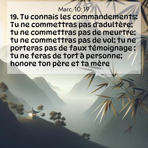 Segond21 Évangile selon Marc  ; image nature: image avec le verset biblique :Tu connais les commandements: Tu ne commettras pas d&#039;adultère; tu ne commettras pas de meurtre; tu ne commettras pas de vol; tu ne porteras pas de faux témoignage ; tu ne feras de tort à personne; honore ton père et ta mère.» ;  ; 10:19