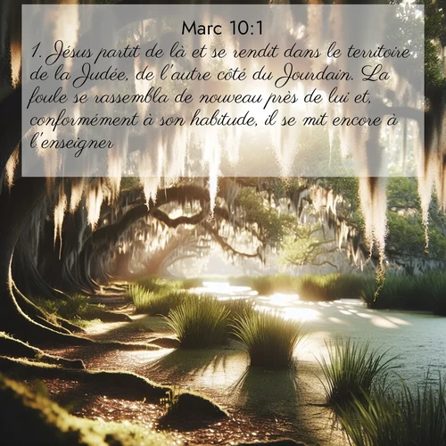 Segond21 Évangile selon Marc  ; image nature: image avec le verset biblique :Jésus partit de là et se rendit dans le territoire de la Judée, de l&#039;autre côté du Jourdain. La foule se rassembla de nouveau près de lui et, conformément à son habitude, il se mit encore à l&#039;enseigner. ;  ; 10:1