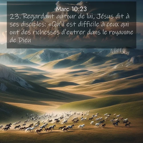 Segond21 Évangile selon Marc  ; image nature: image avec le verset biblique :Regardant autour de lui, Jésus dit à ses disciples: «Qu&#039;il est difficile à ceux qui ont des richesses d&#039;entrer dans le royaume de Dieu!» ;  ; 10:23