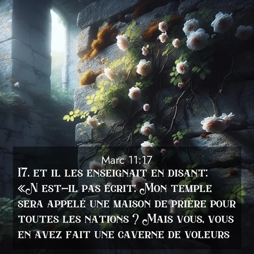 Segond21 Évangile selon Marc  ; image nature: image avec le verset biblique :et il les enseignait en disant: «N&#039;est-il pas écrit: Mon temple sera appelé une maison de prière pour toutes les nations ? Mais vous, vous en avez fait une caverne de voleurs.» ;  ; 11:17