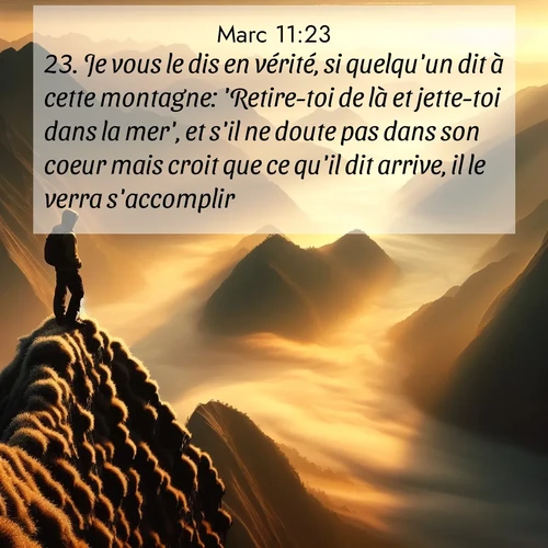Segond21 Évangile selon Marc  ; image nature: image avec le verset biblique :Je vous le dis en vérité, si quelqu&#039;un dit à cette montagne: &#039;Retire-toi de là et jette-toi dans la mer&#039;, et s&#039;il ne doute pas dans son coeur mais croit que ce qu&#039;il dit arrive, il le verra s&#039;accomplir. ;  ; 11:23