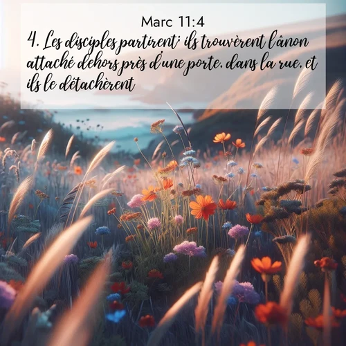 Segond21 Évangile selon Marc  ; image nature: image avec le verset biblique :Les disciples partirent; ils trouvèrent l&#039;ânon attaché dehors près d&#039;une porte, dans la rue, et ils le détachèrent. ;  ; 11:4