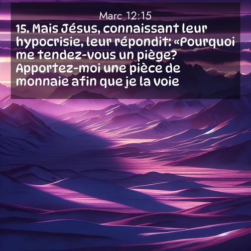Segond21 Évangile selon Marc  ; image nature: image avec le verset biblique :Mais Jésus, connaissant leur hypocrisie, leur répondit: «Pourquoi me tendez-vous un piège? Apportez-moi une pièce de monnaie afin que je la voie.» ;  ; 12:15