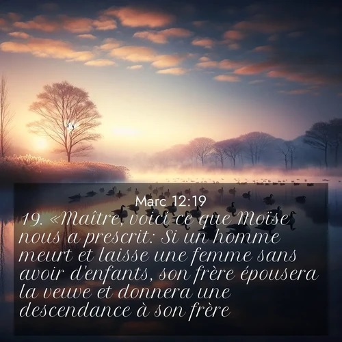 Segond21 Évangile selon Marc  ; image nature: image avec le verset biblique :«Maître, voici ce que Moïse nous a prescrit: Si un homme meurt et laisse une femme sans avoir d&#039;enfants, son frère épousera la veuve et donnera une descendance à son frère. ;  ; 12:19
