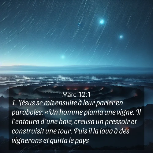 Segond21 Évangile selon Marc  ; image nature: image avec le verset biblique :Jésus se mit ensuite à leur parler en paraboles: «Un homme planta une vigne. Il l&#039;entoura d&#039;une haie, creusa un pressoir et construisit une tour. Puis il la loua à des vignerons et quitta le pays. ;  ; 12:1