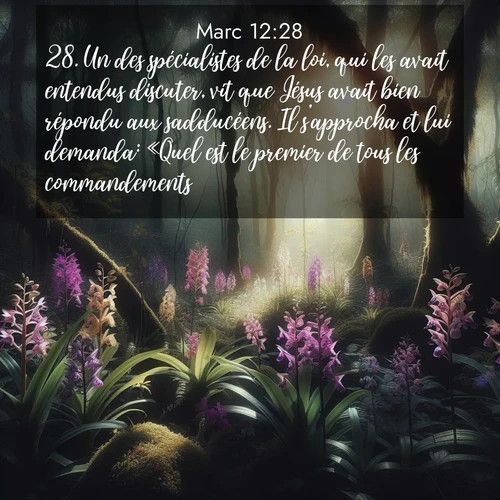 Segond21 Évangile selon Marc  ; image nature: image avec le verset biblique :Un des spécialistes de la loi, qui les avait entendus discuter, vit que Jésus avait bien répondu aux sadducéens. Il s&#039;approcha et lui demanda: «Quel est le premier de tous les commandements?» ;  ; 12:28