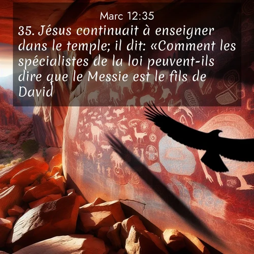 Segond21 Évangile selon Marc  ; image nature: image avec le verset biblique :Jésus continuait à enseigner dans le temple; il dit: «Comment les spécialistes de la loi peuvent-ils dire que le Messie est le fils de David? ;  ; 12:35