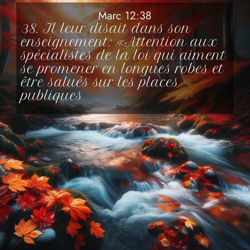 Segond21 Évangile selon Marc  ; image nature: image avec le verset biblique :Il leur disait dans son enseignement: «Attention aux spécialistes de la loi qui aiment se promener en longues robes et être salués sur les places publiques! ;  ; 12:38