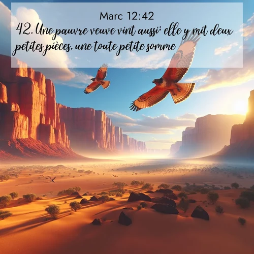 Segond21 Évangile selon Marc  ; image nature: image avec le verset biblique :Une pauvre veuve vint aussi; elle y mit deux petites pièces, une toute petite somme. ;  ; 12:42