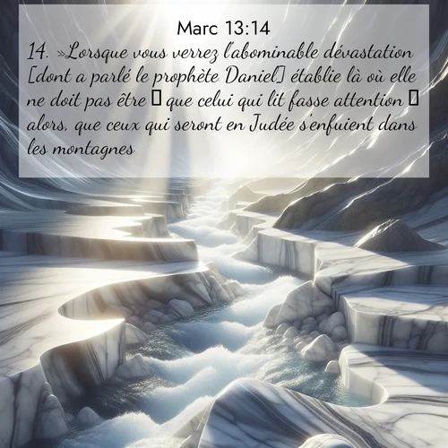 Segond21 Évangile selon Marc  ; image nature: image avec le verset biblique :»Lorsque vous verrez l&#039;abominable dévastation [dont a parlé le prophète Daniel] établie là où elle ne doit pas être  que celui qui lit fasse attention  alors, que ceux qui seront en Judée s&#039;enfuient dans les montagnes, ;  ; 13:14