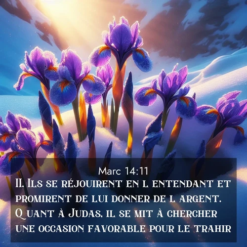 Segond21 Évangile selon Marc  ; image nature: image avec le verset biblique :Ils se réjouirent en l&#039;entendant et promirent de lui donner de l&#039;argent. Quant à Judas, il se mit à chercher une occasion favorable pour le trahir. ;  ; 14:11