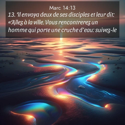 Segond21 Évangile selon Marc  ; image nature: image avec le verset biblique :Il envoya deux de ses disciples et leur dit: «Allez à la ville. Vous rencontrerez un homme qui porte une cruche d&#039;eau: suivez-le. ;  ; 14:13