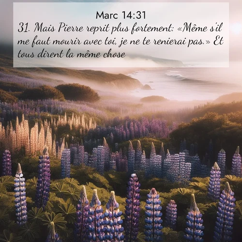 Segond21 Évangile selon Marc  ; image nature: image avec le verset biblique :Mais Pierre reprit plus fortement: «Même s&#039;il me faut mourir avec toi, je ne te renierai pas.» Et tous dirent la même chose. ;  ; 14:31