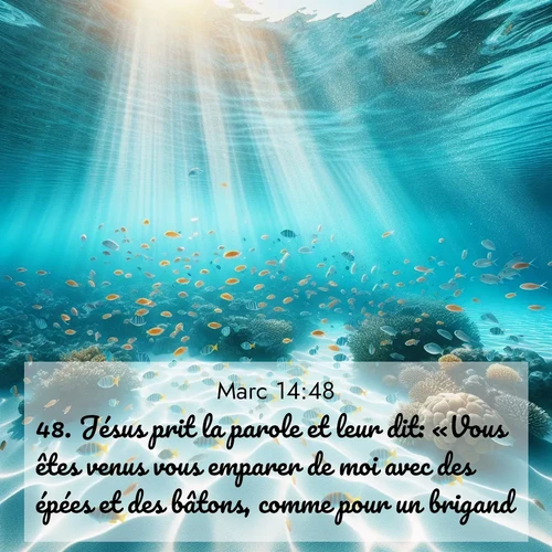 Segond21 Évangile selon Marc  ; image nature: image avec le verset biblique :Jésus prit la parole et leur dit: «Vous êtes venus vous emparer de moi avec des épées et des bâtons, comme pour un brigand. ;  ; 14:48