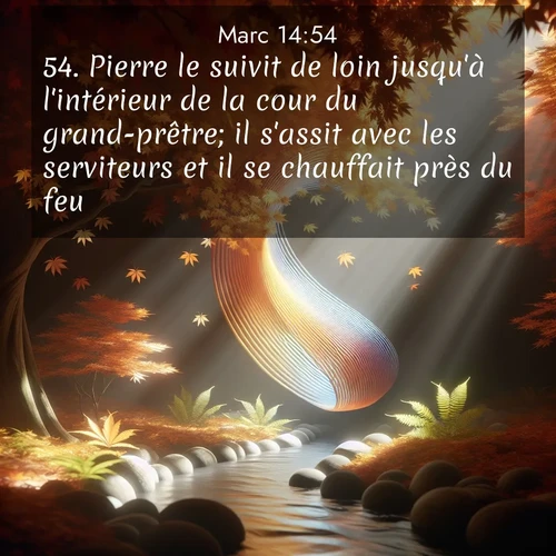 Segond21 Évangile selon Marc  ; image nature: image avec le verset biblique :Pierre le suivit de loin jusqu&#039;à l&#039;intérieur de la cour du grand-prêtre; il s&#039;assit avec les serviteurs et il se chauffait près du feu. ;  ; 14:54