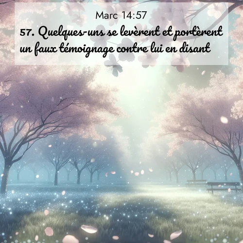Segond21 Évangile selon Marc  ; image nature: image avec le verset biblique :Quelques-uns se levèrent et portèrent un faux témoignage contre lui en disant: ;  ; 14:57