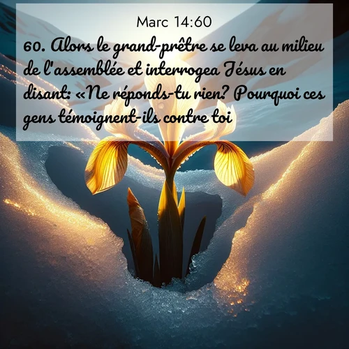 Segond21 Évangile selon Marc  ; image nature: image avec le verset biblique :Alors le grand-prêtre se leva au milieu de l&#039;assemblée et interrogea Jésus en disant: «Ne réponds-tu rien? Pourquoi ces gens témoignent-ils contre toi?» ;  ; 14:60