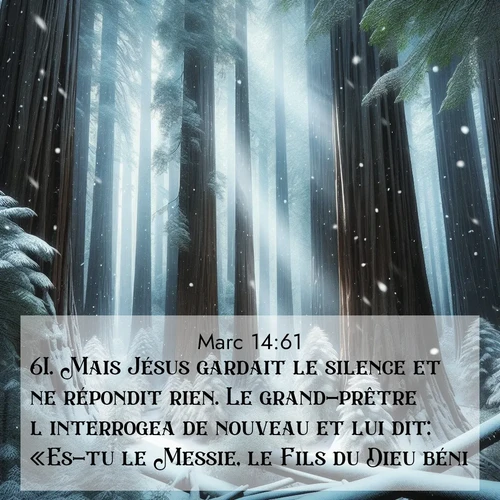 Segond21 Évangile selon Marc  ; image nature: image avec le verset biblique :Mais Jésus gardait le silence et ne répondit rien. Le grand-prêtre l&#039;interrogea de nouveau et lui dit: «Es-tu le Messie, le Fils du Dieu béni?» ;  ; 14:61