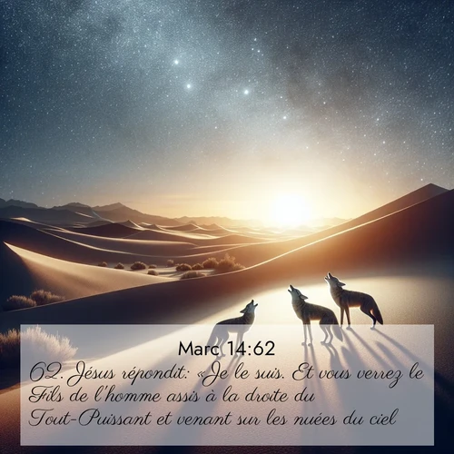 Segond21 Évangile selon Marc  ; image nature: image avec le verset biblique :Jésus répondit: «Je le suis. Et vous verrez le Fils de l&#039;homme assis à la droite du Tout-Puissant et venant sur les nuées du ciel.» ;  ; 14:62