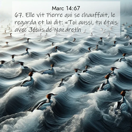 Segond21 Évangile selon Marc  ; image nature: image avec le verset biblique :Elle vit Pierre qui se chauffait, le regarda et lui dit: «Toi aussi, tu étais avec Jésus de Nazareth.» ;  ; 14:67