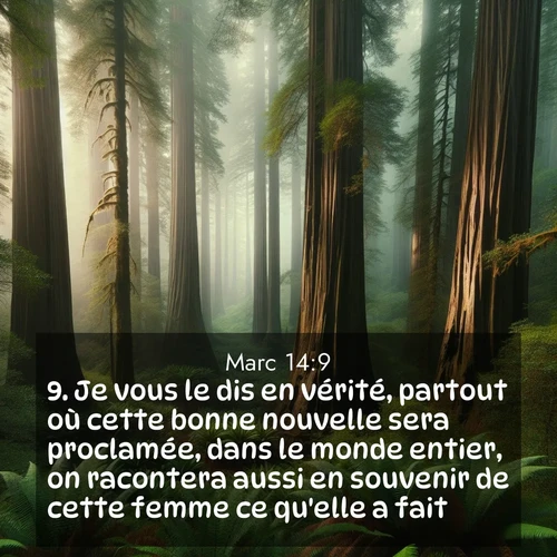 Segond21 Évangile selon Marc  ; image nature: image avec le verset biblique :Je vous le dis en vérité, partout où cette bonne nouvelle sera proclamée, dans le monde entier, on racontera aussi en souvenir de cette femme ce qu&#039;elle a fait.» ;  ; 14:9