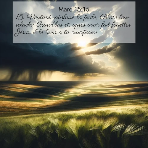 Segond21 Évangile selon Marc  ; image nature: image avec le verset biblique :Voulant satisfaire la foule, Pilate leur relâcha Barabbas et, après avoir fait fouetter Jésus, il le livra à la crucifixion. ;  ; 15:15