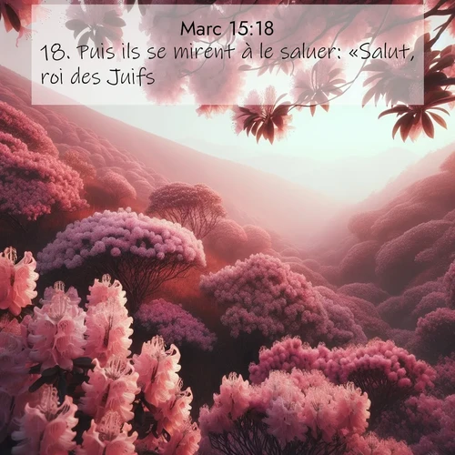 Segond21 Évangile selon Marc  ; image nature: image avec le verset biblique :Puis ils se mirent à le saluer: «Salut, roi des Juifs!» ;  ; 15:18