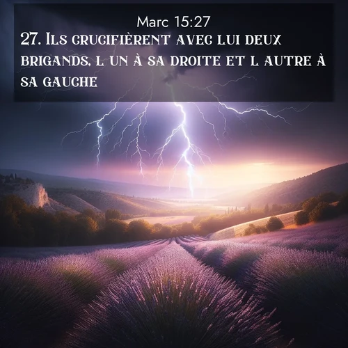 Segond21 Évangile selon Marc  ; image nature: image avec le verset biblique :Ils crucifièrent avec lui deux brigands, l&#039;un à sa droite et l&#039;autre à sa gauche. ;  ; 15:27