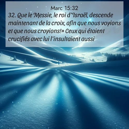 Segond21 Évangile selon Marc  ; image nature: image avec le verset biblique :Que le Messie, le roi d&#039;Israël, descende maintenant de la croix, afin que nous voyions et que nous croyions!» Ceux qui étaient crucifiés avec lui l&#039;insultaient aussi. ;  ; 15:32