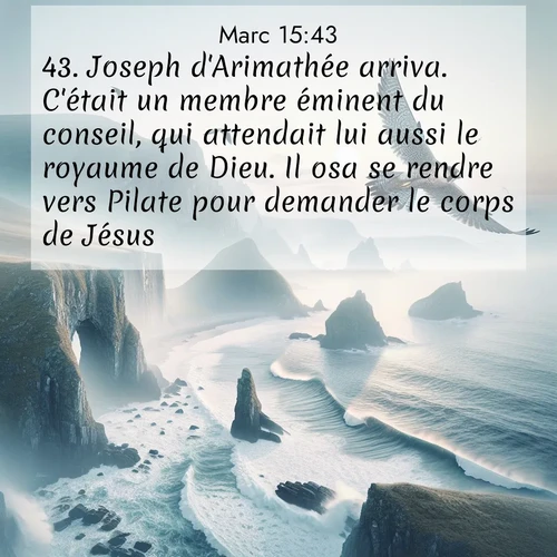 Segond21 Évangile selon Marc  ; image nature: image avec le verset biblique :Joseph d&#039;Arimathée arriva. C&#039;était un membre éminent du conseil, qui attendait lui aussi le royaume de Dieu. Il osa se rendre vers Pilate pour demander le corps de Jésus. ;  ; 15:43