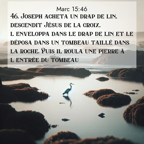 Segond21 Évangile selon Marc  ; image nature: image avec le verset biblique :Joseph acheta un drap de lin, descendit Jésus de la croix, l&#039;enveloppa dans le drap de lin et le déposa dans un tombeau taillé dans la roche. Puis il roula une pierre à l&#039;entrée du tombeau. ;  ; 15:46