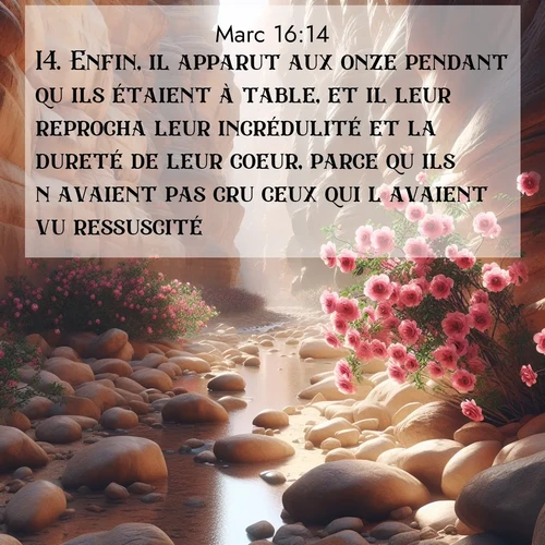 Segond21 Évangile selon Marc  ; image nature: image avec le verset biblique :Enfin, il apparut aux onze pendant qu&#039;ils étaient à table, et il leur reprocha leur incrédulité et la dureté de leur coeur, parce qu&#039;ils n&#039;avaient pas cru ceux qui l&#039;avaient vu ressuscité. ;  ; 16:14