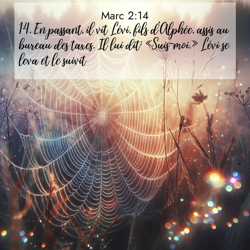 Segond21 Évangile selon Marc  ; image nature: image avec le verset biblique :En passant, il vit Lévi, fils d&#039;Alphée, assis au bureau des taxes. Il lui dit: «Suis-moi.» Lévi se leva et le suivit. ;  ; 2:14