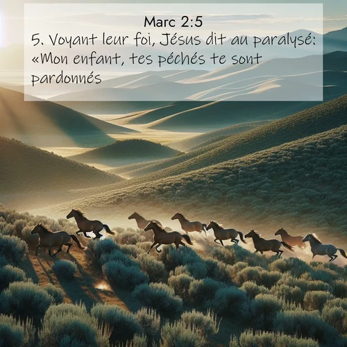Segond21 Évangile selon Marc  ; image nature: image avec le verset biblique :Voyant leur foi, Jésus dit au paralysé: «Mon enfant, tes péchés te sont pardonnés.» ;  ; 2:5