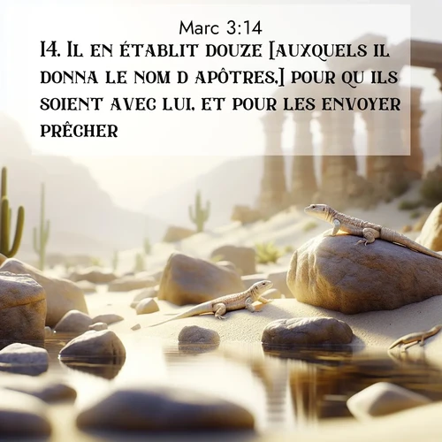 Segond21 Évangile selon Marc  ; image nature: image avec le verset biblique :Il en établit douze [auxquels il donna le nom d&#039;apôtres,] pour qu&#039;ils soient avec lui, et pour les envoyer prêcher ;  ; 3:14
