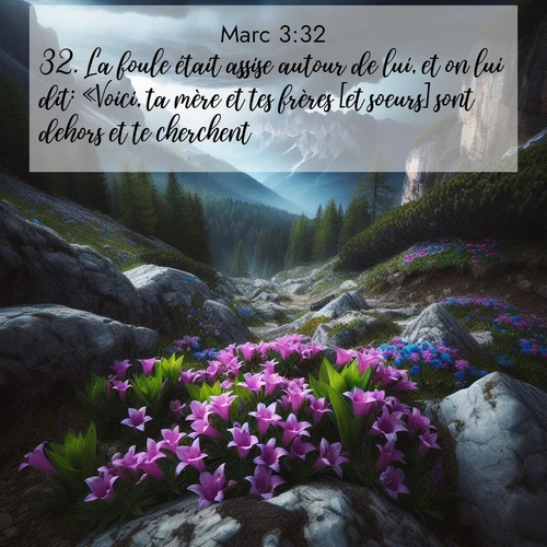 Segond21 Évangile selon Marc  ; image nature: image avec le verset biblique :La foule était assise autour de lui, et on lui dit: «Voici, ta mère et tes frères [et soeurs] sont dehors et te cherchent.» ;  ; 3:32