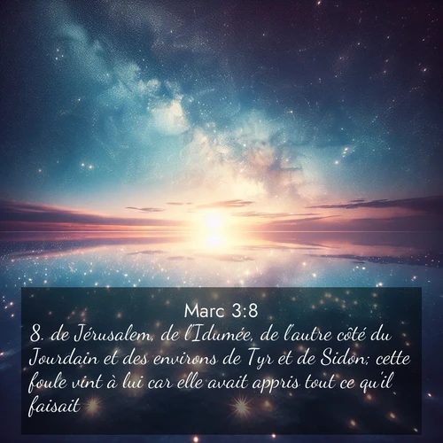 Segond21 Évangile selon Marc  ; image nature: image avec le verset biblique :de Jérusalem, de l&#039;Idumée, de l&#039;autre côté du Jourdain et des environs de Tyr et de Sidon; cette foule vint à lui car elle avait appris tout ce qu&#039;il faisait. ;  ; 3:8