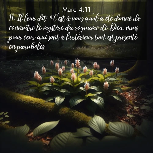 Segond21 Évangile selon Marc  ; image nature: image avec le verset biblique :Il leur dit: «C&#039;est à vous qu&#039;il a été donné de connaître le mystère du royaume de Dieu, mais pour ceux qui sont à l&#039;extérieur tout est présenté en paraboles, ;  ; 4:11