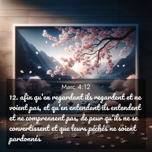 Segond21 Évangile selon Marc  ; image nature: image avec le verset biblique :afin qu&#039;en regardant ils regardent et ne voient pas, et qu&#039;en entendant ils entendent et ne comprennent pas, de peur qu&#039;ils ne se convertissent et que leurs péchés ne soient pardonnés.» ;  ; 4:12