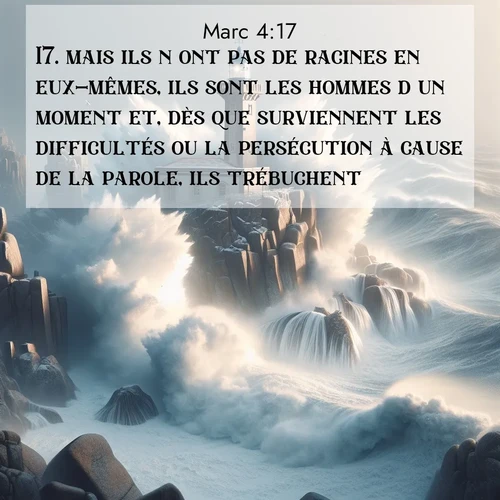 Segond21 Évangile selon Marc  ; image nature: image avec le verset biblique :mais ils n&#039;ont pas de racines en eux-mêmes, ils sont les hommes d&#039;un moment et, dès que surviennent les difficultés ou la persécution à cause de la parole, ils trébuchent. ;  ; 4:17
