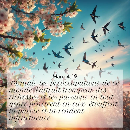 Segond21 Évangile selon Marc  ; image nature: image avec le verset biblique :mais les préoccupations de ce monde, l&#039;attrait trompeur des richesses et les passions en tout genre pénètrent en eux, étouffent la parole et la rendent infructueuse. ;  ; 4:19
