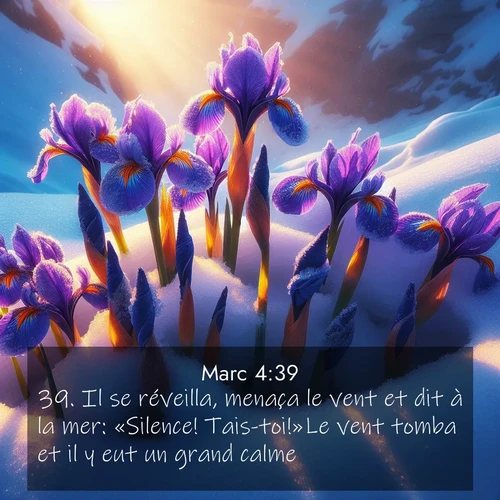 Segond21 Évangile selon Marc  ; image nature: image avec le verset biblique :Il se réveilla, menaça le vent et dit à la mer: «Silence! Tais-toi!»Le vent tomba et il y eut un grand calme. ;  ; 4:39