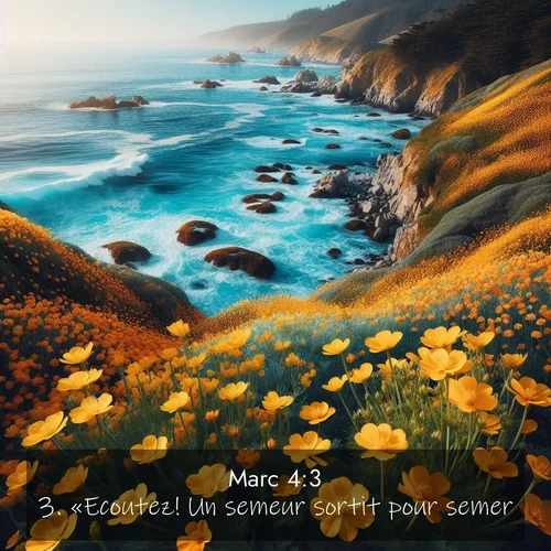 Segond21 Évangile selon Marc  ; image nature: image avec le verset biblique :«Ecoutez! Un semeur sortit pour semer. ;  ; 4:3